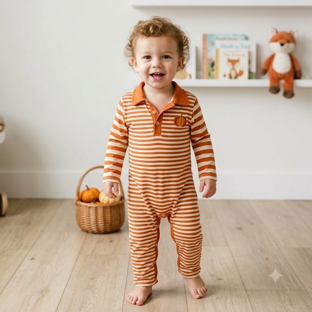 Millie & Maxx Toddler Fall Orange Brown Striped Pumpkin One Piece Romper Size 3T
